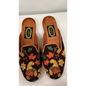 The Larkspur Collection Needlepoint Mules Harvest Cornucopia Fall Leaves Brown